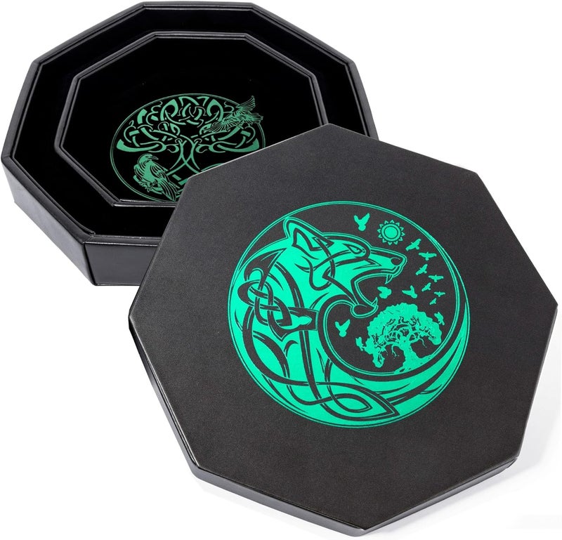 Soar Forge DND Dice Tray - Premium 9 Inch Tray for Dungeons and Dragons: Exquisitely Detailed Green World Tree & Wolf Raven Design - Perfect Rolling & Box Storage to Protect Your Dice for D&D and RPG - Image 1